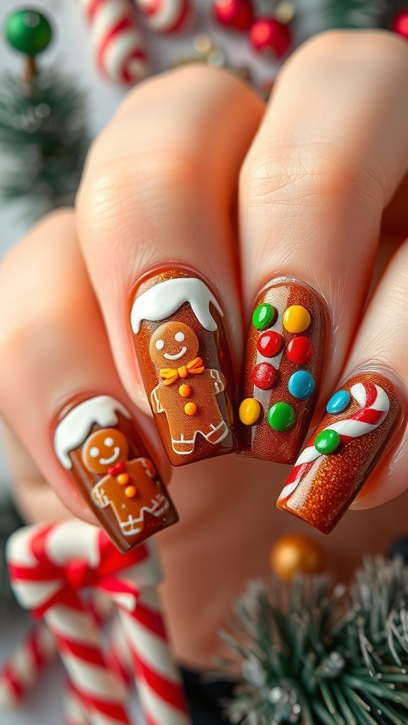 Christmas nail art with gingerbread men and candy decorations on a festive background.